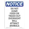 Signmission OSHA Notice, 5" Height, Do Not Leave Food Or Trash Out Sign, 5" X 3.5", Portrait OS-NS-D-35-V-11295 - alternate 1